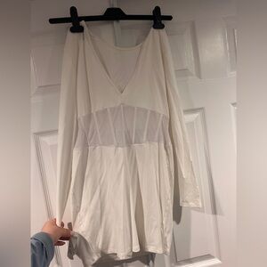 ASOS Petite White V-Neck Long Sleeve Mini Dress with Sheer Waist